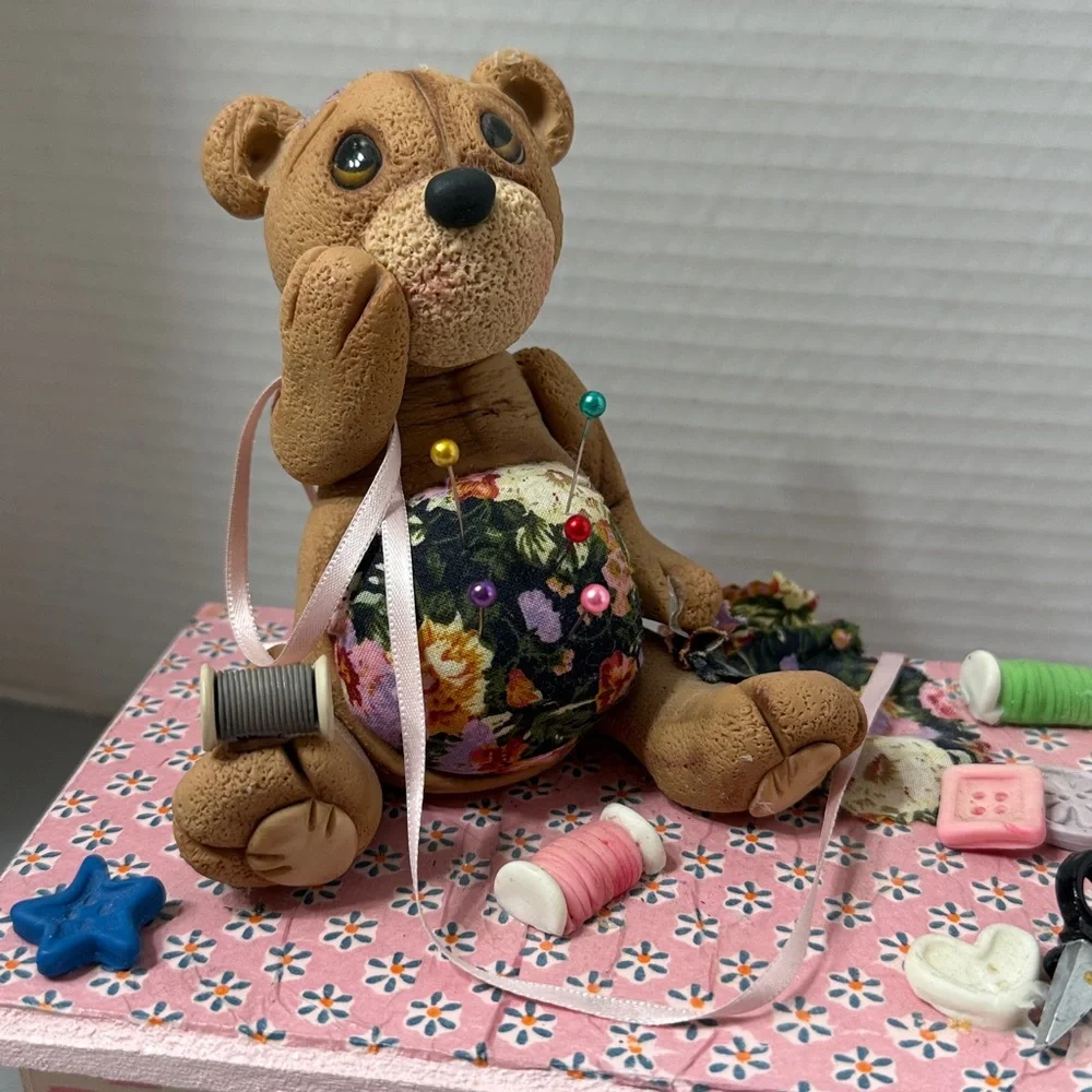 Handmade Pink Sewing Box Trinket Organizer with Drawer Teddy Bear Pin Cushion